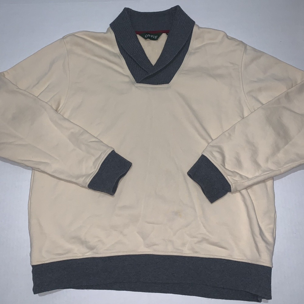 Orvis Mens Large Yellow Gray Shawl Collar 100% Cotton Sweater Heavyweight